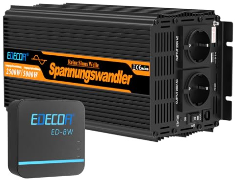 EDECOA Inversor de onda sinusoidal pura de 12 V, 230 V, 2500 W/5000 W, 12 V a 230 V, con módulo WiFi, compatible con funciones de aplicación con 1 puerto USB y 1 conector PD