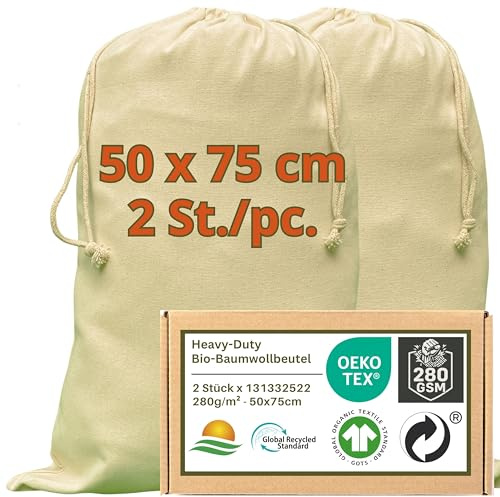 WIESEN.design Wäschesack - 280 g/m² OEKO-TEX® zertifizierte Heavy-Duty Baumwolle für langlebige, professionelle Anwendungen, 50x75 cm - 2 St. Wäschebeutel, Laundry bag, Wäschebeutel Reise,