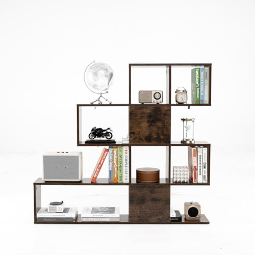GYMAX Libreria Versatile con 10 Divisori Aperti, Scaffale a Scaletta con Superficie Impermeabile, Base e Antiribaltamento, Idea per Soggiorno, 120 x 19,5 x 109 cm (Marrone)