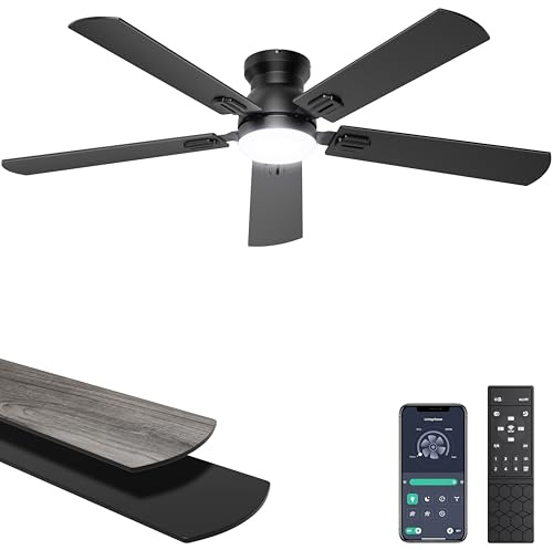 Ohniyou Ceiling Fans with Lights, 52 Inch Low Profile Ceiling Fan with Light and Remote/APP Control, Flush Mount, Dimmable, Qiuet DC Motor, Black Ceiling Fan for Bedroom, Living Room