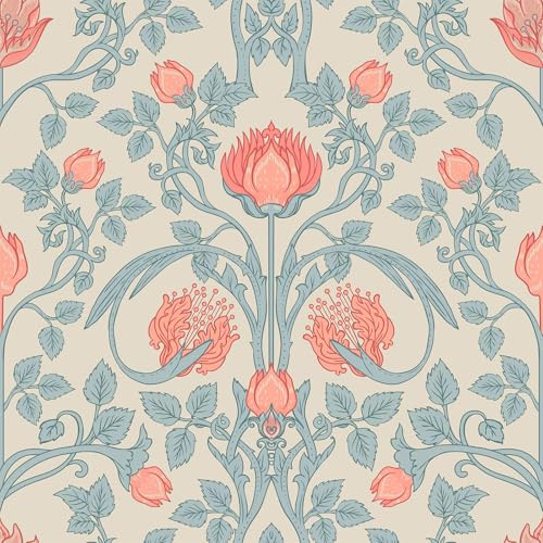 VEELIKE Fototapete Blumen Beige Blau 44.5 cm x 900 cm Selbstklebende Tapete Blumen Vintage Mustertapete William Morris Blumentapete Tapete Schlafzimmer Wohnzimmer Klebetapete Badezimmer Möbelfolie
