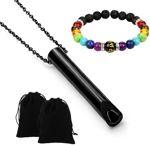SNBUHA Collar de Respiración, Collar de Ansiedad Portátil con Pulseras y Bolsas, Silbato Acero Inoxidable para Mujeres Hombres Respiración Meditación (Negro, Color)