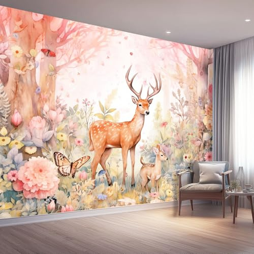 Carta Da Parati Rosa Chiaro, Acquerello Foresta Cervo Fiori Tema grandi Carta Da Parati non tessuto - 200 x 140 cm 3D Murale Fotografica Poster Decorazione per Camera Letto Soggiorno Sala Ufficio
