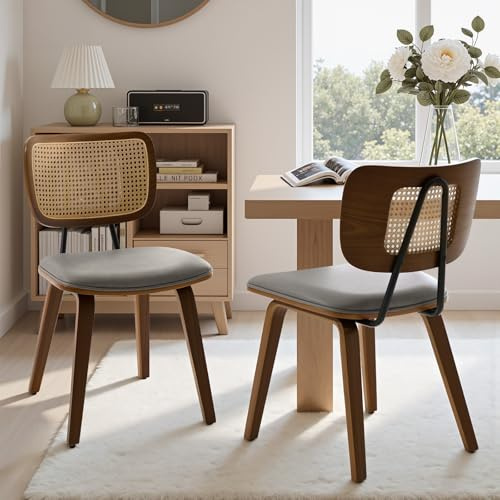 WOOW DEPOT Esszimmerstühle 2er Set mit Natürlichem Rattan Rücken, 6cm Polsterung, Skandinavischer Designer-Stil, Bugholzbeine, 48cm Sitzhöhe, Kunstleder, 150kg Belastbar Grau
