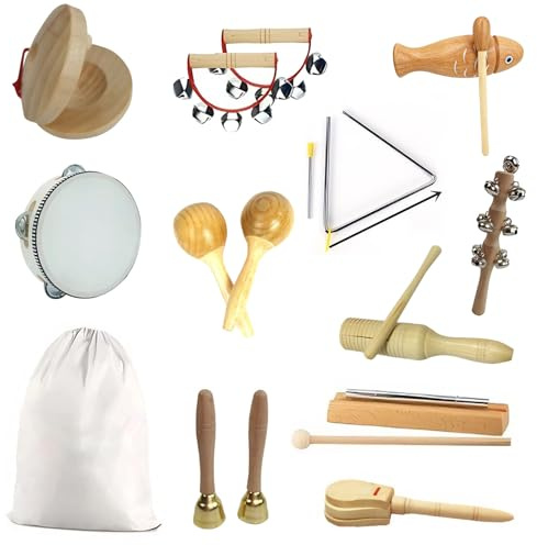 14-TLG Musikinstrumente Set für Rhythmik & Musikalische Früherziehung, Musik-Set aus Holz mit Maracas, Handglocken, Tamburin, Triangel, Holz-Guiro, mehr & praktischer Aufbewahrungstasche