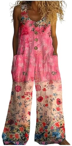 Jumpsuit Damen Sommer Leinen Latzhose Ärmellos Boho Vintage Overall Elegant 80er Jahre Outfit Lang Jumpsuits Bunte Weites Bein Hose Arbeitslatzhose mit Taschen Latzhosen Hosenanzug Festlich (23,L)