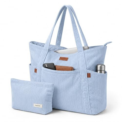 Captain Blues Tote Bag for Women with Zip, Large Capacity Work Bag with Compartments & Pockets, Soft Cotton Lining, for College, Teacher, Uni, School, Travel, Shopping (Blue)