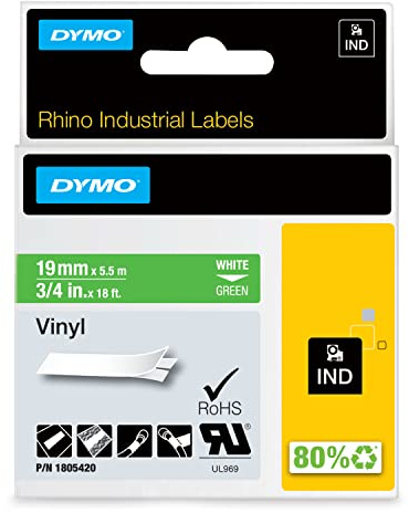 DYMO Rhino-Industrie-Vinyletiketten | 19 mm x 5,5 m | weiß auf grün | selbstklebendes Schriftband | für DYMO Rhino und LabelManager Beschriftungsgerät