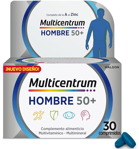 Multicentrum Hombre 50+ Complemento Alimenticio Multivitaminas Para Hombres 50+, Alto Contenido en Vitamina D, Sin Glúten, 30 Comprimidos