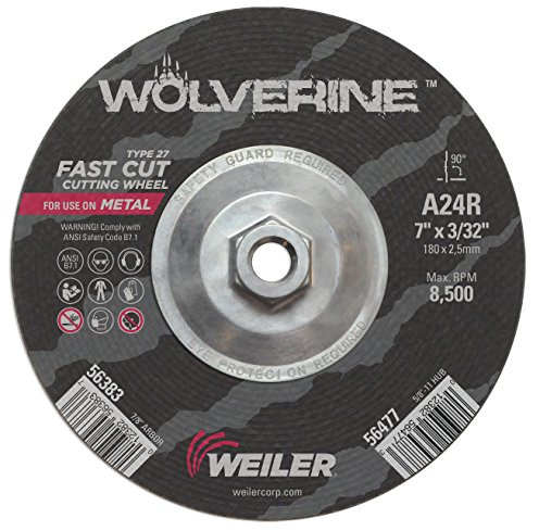 Weiler 56477 7 Inch Cutting Wheel, Wolverine AO Steel/Metal Fast Cutting, 3/32 A24R Type 27 5/8-11 Hub, Pack of 10