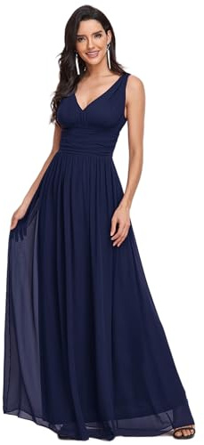 Ever-Pretty Col V Robe de Soirée Longue Femme Mousseline de Soie A-Line Taille Empire Femme Bleu Marine 40