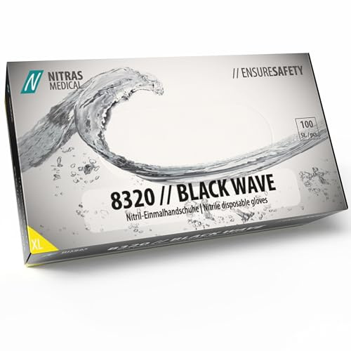 Nitras 8320 BLACK WAVE unsterile, medizinische, lebensmittelgeeignete Nitril-Einmalhandschuhe Farbe schwarz, puderfrei & latexfrei 100 Stück im Spenderkarton Größe XL