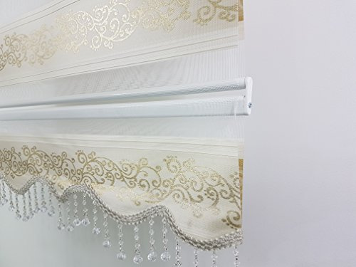 kskeskin Duo Rollo 120 cm x 200 cm Creme goldranken Doppelrollo mit Alukassette mit breiter Beschwerung und Perlen Volant