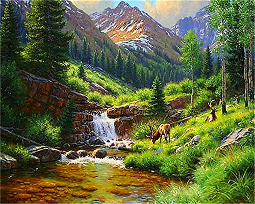 YEESAM ART DIY Ölgemälde Malen nach Zahlen Erwachsene Kinder, Hirsch Grün Bäume Schnee Berg Landschaft Zahlenmalerei ab 5 Öl Wandkunst (Grün, mit Rahmen)