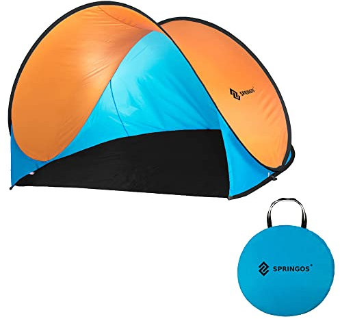 SPRINGOS Pop Up Strandmuschel Wurfzelt Strandzelt Sekundenzelt Gestell aus Fiberglas inkl. Anker Tragetasche (Blau-Orange)