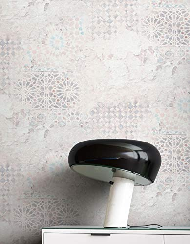 Newroom Vliestapete Grau Betontapete Mosaik Industrial Wohnzimmer | Verwitterte Putzstruktur mit Rissoptik, orientalische Ornamente in Pastelltönen, Boho Vintagetapete für Schlafzimmer