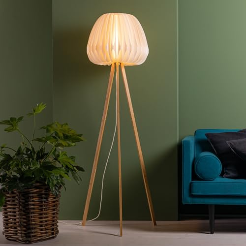Lightbox Stehleuchte mit Fußschalter | Ø 62cm | Dreibein Standleuchte | E27 Fassung | Bambus/Kunststoff | Weiß | ideal für Schlafzimmer