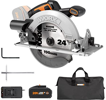 WORX Sega Circolare Brushless 20V PowerShare WX520 Include 1 Batteria 4Ah e Caricatore Motore Brushless Taglio a Lunetta Base in Alluminio Impugnatura Ergonomica