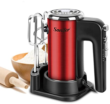 Sonifer Batteur électrique,400 W,En acier inoxydable,5 réglages de vitesse,Fonction turbo et éjection,Moteur extrêmement silencieux,Avec 2 fouets et 2 crochets pétrisseurs et 1 socle,Rouge