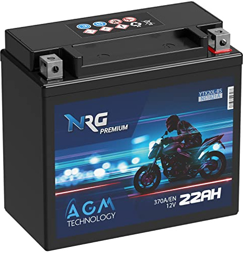 NRG YTX20L-BS AGM Motorrad-Batterie 12V 22Ah CTX20L-BS 51821 ersetzt 20Ah