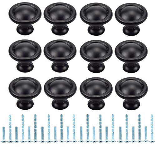 12 Pièces Boutons de Tiroir Ronds, Poignée Cuisine avec 2 Vis de Taille pour Meubles, Armoire, Commode, Parfait pour Porte, Bureau, Chambre, Placard (Noir)