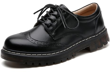 Women Perforated Wingtis Brogue Oxfords Cozy Round Toe Lace-up Low Heel Shoes Comfy Office Saddle Shoe for Ladies Girls Black US 10