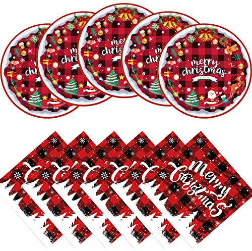 Hzleyw Suministros de fiesta de Navidad, platos de papel desechables de árbol de Navidad rojo y negro, juego de vajilla de Navidad, decoraciones de fiesta de Feliz Navidad, 20 invitados