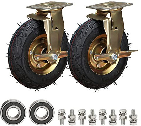 WORDFUN Schwerlast Industrie Bockrolle/Luftreifen Gummi Lenkrolle/Transportrolle Mit Bremse (2 Stück) Mit Schrauben Und Metallplatten, Tragkraft 200 Kg, Für Trolleys, Möbel, Werkbank