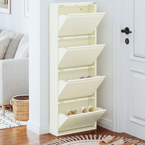 VEEHAUS Schuhregal Schmal Metall Schuhschrank Hoch Schuhkipper mit Magnetische Abdeckung Metall Montiert Schuhschrank Schmal und Wandmontage (Creme Farben, 4 Klappen)