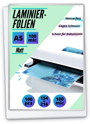 100 PREMIUM Laminierfolien in matt/entspiegelt - beidseitig matte Heiß-Laminierfolien OHNE WASSERZEICHEN - Für Dokumente, Fotos, Karten - Wasserfest, unzerreißbar (100 Micron, A5)