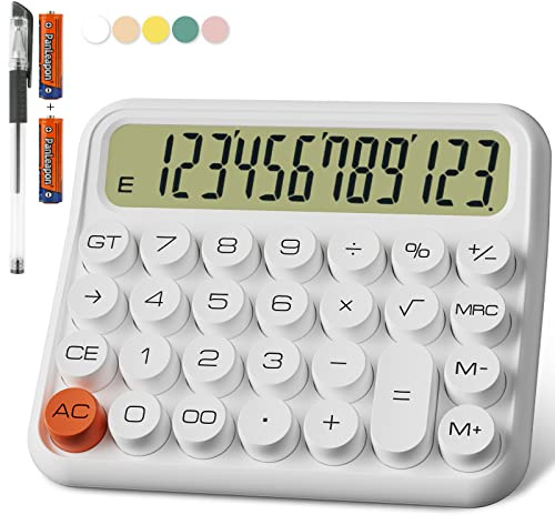 Niedlich Taschenrechner Schule, 12-stellig Extra Großes 5-Zoll-LCD-Display, Batterie Tischrechner Groß Büro Tasten Leicht zu Drücken, 15°Neigbarer Bildschirm für Taschenrechner Kinder(Weiß)