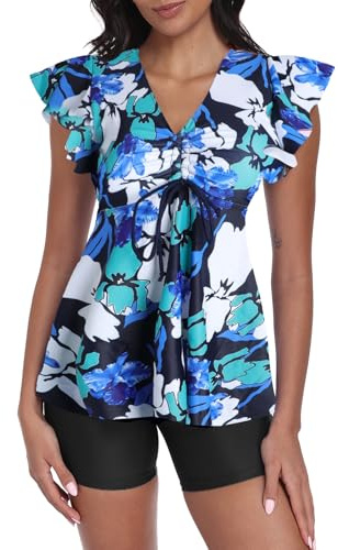 Camiseta de Bikini Separada para Mujer con Estampado de Hojas, Mangas con Volantes y Cuello en V con Cordón Ajustable Diseño Suelto y Flotante Moda de baño XL Verde