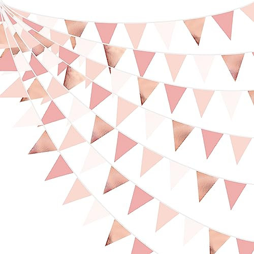 32Ft Or Rose Fanion Guirlande Bannière Bruant Décoration de Fête Rétro Rose Tissu Triangle Drapeau Banderole pour Fille Anniversaire bapteme Mariage Thé Extérieure pique-nique festivals deco Suspendue
