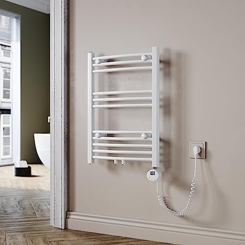 SUNXURY Scaldasalviette elettrico bianco 700 x 500 mm curvo scaldasalviette elettrico con mini termostato selezionabile, porta asciugamani acqua centrale 400 Watt