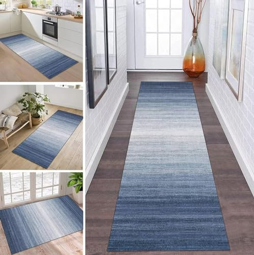 ZDYHMrj Teppich Läufer Flur Küche rutschfest waschbar Teppichläufer Lang Korridor Tepiche 40X200CM Blau Grau Küchenteppich Meterware Bodenmatte Esszimmer Schlafzimmer Wohnzimmer Schmutzfangmatte