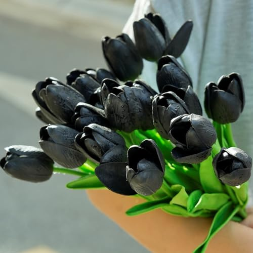 IPLNTS Künstliche Tulpen, 33 cm, fühlen sich echt an, schwarze Tulpen, Latex, lebensechte Blumen mit Stielen, für Halloween, Heimdekoration, Hochzeitsstrauß, 20 Stück