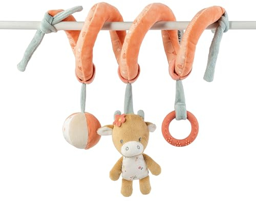 Nattou Spielzeug zum Aufhängen aus Velours, Kuh Mila, Mit Rassel und weiteren Aktivitäten, Ca. 30 cm, Mila, Zoë und Lana, Mehrfarbig