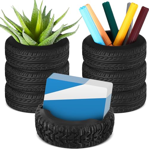 Humyoun 3 Pcs Tire Shaped Planter Pen Holder and Tire Business Card Holder Set Pencil Succulent Cactus Planter Pot for Desk Home Office Accessories Organizer