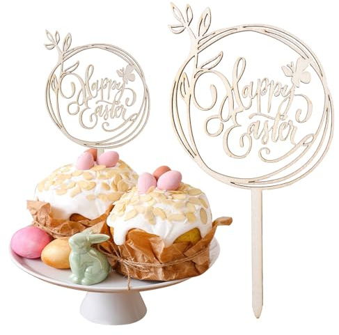 URROMA Happy Easter Cake Toppers, 10pcs Wooden Cupcake Topper Easter Cake Topper Cake Party Decorations for Easter Day