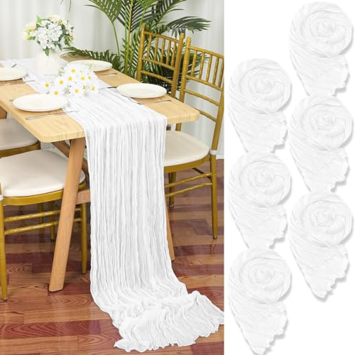YMHPRIDE Lot de 6 Chemins de Table en étamine en Blanc, 55 x 300cm en Tissu de Gaze Rustique,Blanc décoration de Table de Mariage Nappe pour fête de Douche Nuptiale décorations de Table