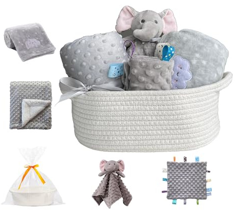 CREVENT Baby Welcome Gift Set Storage Basket with Two Blankets+ A Security Blanket + A Taggie + A Gift Bag with Ribbon (Grey)