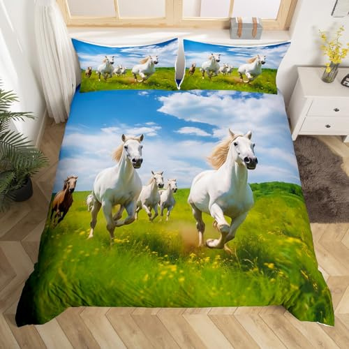 Homewish Parure de Lit Chevaux 140x200 avec 1 Taie d'oreiller, Housse de Couette Chevaux Galopant sur l'herbe, Sets de Housses de Couettes Design de La Nature, Couvre Lit Vert Blanc Bleu