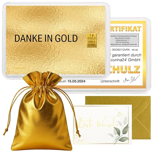 Goldschulz Goldbarren 1g 1 Gramm Motivbox - Danke in gold- Geschenk + Echtheitszertifikat