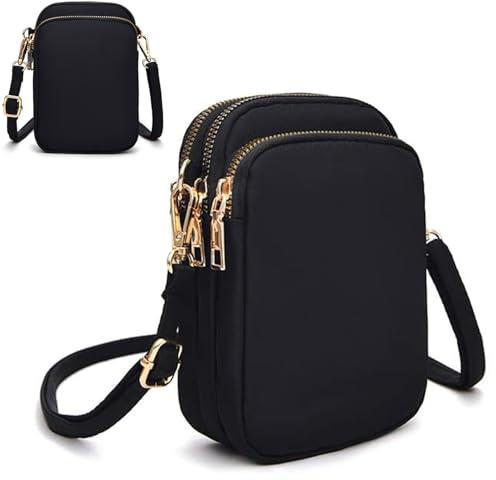 Handytasche zum Umhängen Damen,mini umhängetasche damen,tasche mit 3-lagiger Reißverschlusstasche Umhängetasche Nylon Kleine Crossbody für Handys bis zu 7 Zoll,Münztasche mit Reißverschluss(Black)