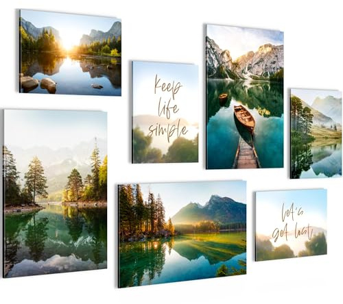 Novart Bilder See Berge Landschaft - KOMPLETT AUFHÄNGFERTIG - Grün Wohnzimmer Schlafzimmer Flur - 7 Moderne Mood-Bilder - N030972a