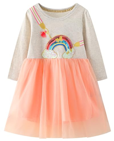 FILOWA Kleider für Mädchen Tüll Sommer Kleid, 2-8 Jahre, Gr.92-128 | Einhorn Stickerei, Pailletten Kurzarm Kleider, Baumwolle, Casual Süße, Tiere Muster, Kinder Prinzessin Party Sommerkleid