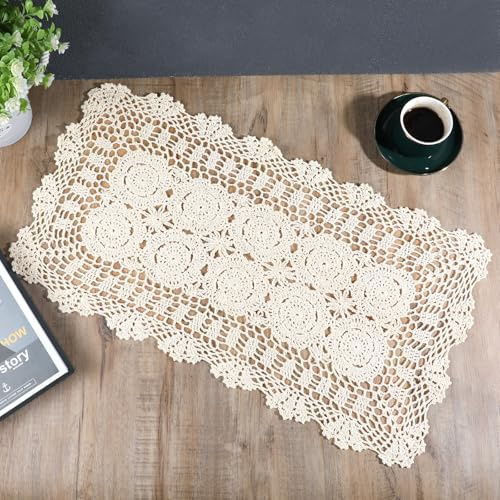 Lace Table Runner 15x28 Inch Rectangular Cotton Handmade Crochet Lace Table Runner Doilies Dresser Scarves Handmade Crochet Floral Placemats Crochets Doilies for Tables