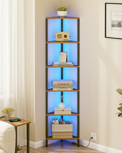 TUTOTAK Corner Shelf with LED Light, 6-Tier Corner Bookshelf for Small Space, Narrow Display Corner Shelf Stand with Storage Rack, for Living Room, bedroom, Rustic Brown BS05BB006LEU