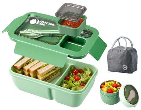 Nymblis Lunch Box Adults, Bento Box Set with Insulated Lunch Bag, Oats Container, Cutlery, for Microwave Safe, Leakproof Bento Lunch Box for Food Storage, for Men Women Office School Picnic (Green)