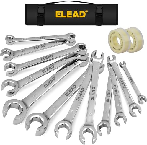 ELEAD 14-Piece Flare Nut Wrench Set with PTFE Tape, Metric & SAE 1/4-7/8& 6-21mm, Brake Line Wrench Set Double Open End with Organizer Pouch for Repairing and Removing Nuts
